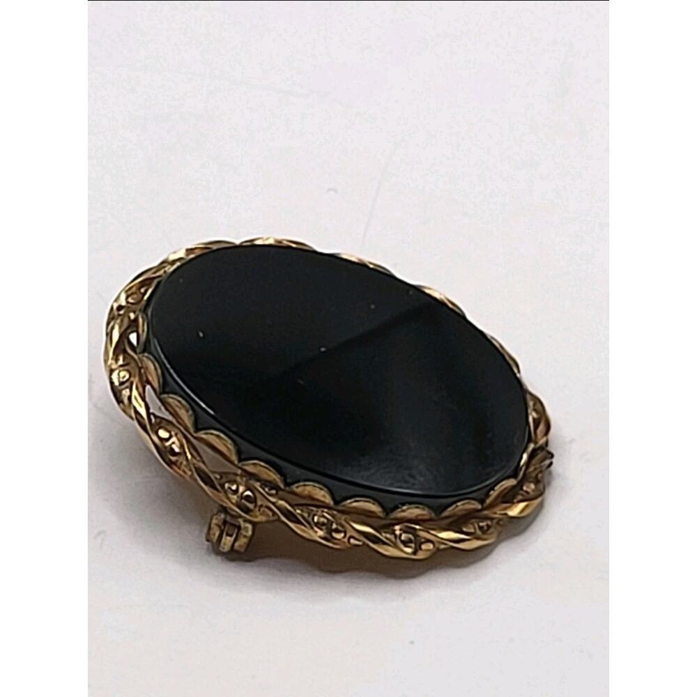 Vintage 1/20 14K GF D.E.C Black Onyx Mourning Revival Brooch Pendant Oval GF